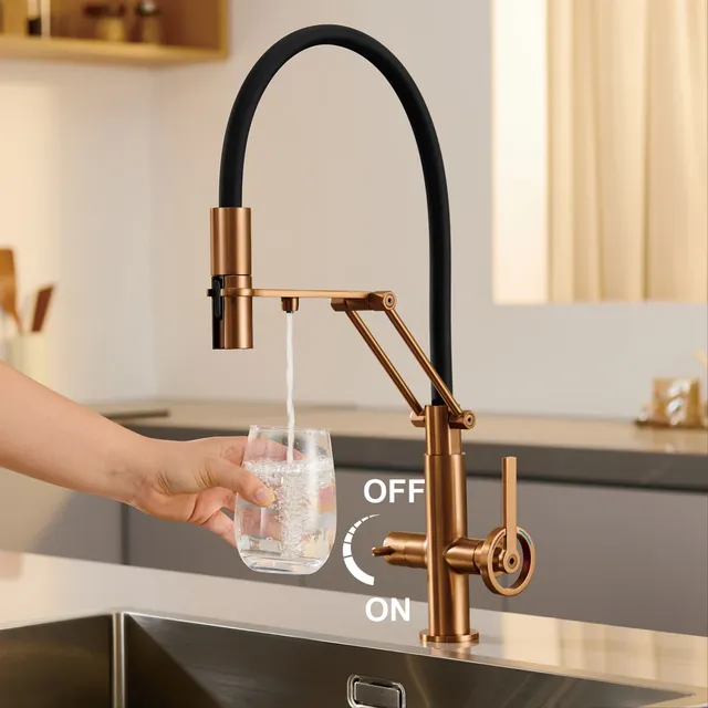 Robinet de cuisine industriel en laiton brossé or rose… – vue 2