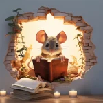 Autocollants muraux souris de lecture 3D, décalcomanies en vinyle à motif d&rsquo;animal de dessin animé mignon, salon chambre à coucher salle de bains bureau décoration de la maison