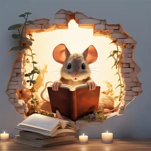 Autocollants muraux souris de lecture 3D, décalcomanies en vinyle à motif d&rsquo;animal de dessin animé mignon, salon chambre à coucher salle de bains bureau décoration de la maison