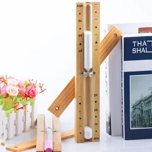 sablier sauna minuterie quinze minutes graduations bois verre sable blanc finition scandinave rustique fixation murale bureau décoratif élégant