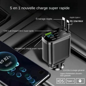Chargeur de voiture, chargeur de voiture avec câble rétractable, PD de voiture, charge rapide de voiture, charge super rapide, charge flash, cig cinq en un