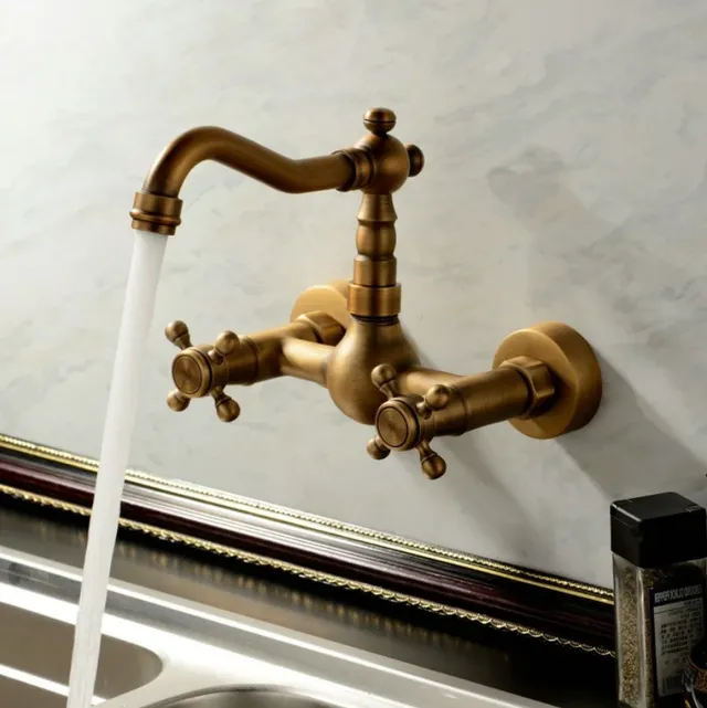 Robinet mural laiton antique brossé vintage double… – vue 2
