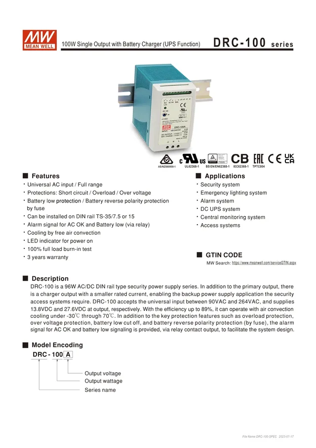 MEAN WELL Alimentation à découpage DRC-100 DRC-100A… – vue 5