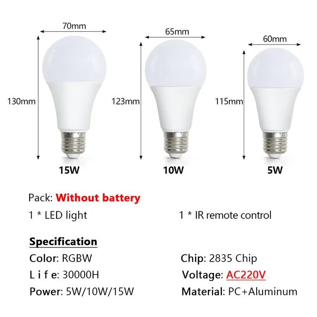 220V E27 RGB LED ampoule Bombillas LED 5W 10W 15W IR… – vue 2