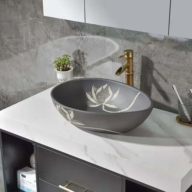 Meuble vasque mural contemporain marbre gris ronde… – vue 5