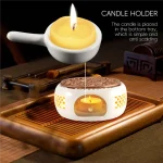 Support chauffeplat théière base isolante porcelaine blanche émaillée plateau amovible bois sculpté ajouré motifs treillis décoration aromathérapie polyvalent durable