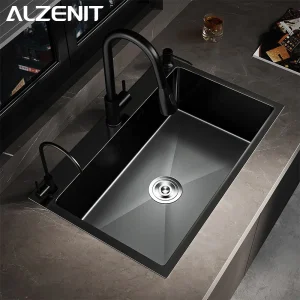 Évier de cuisine en acier inoxydable 304, ferme au-dessus du comptoir, lavabo simple noir avec Drainage de robinet gastronomique