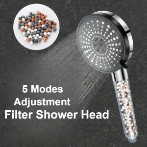 Pommeau de douche avec filtre de réglage de l’eau à 5 vitesses, haute pression, Ion négatif, adoucissant l’eau dure, accessoires de douche Pommeau de douche avec filtre de réglage de l’eau à 5 vitesses, haute pression, Ion négatif, adoucissant l’eau dure, accessoires de douche