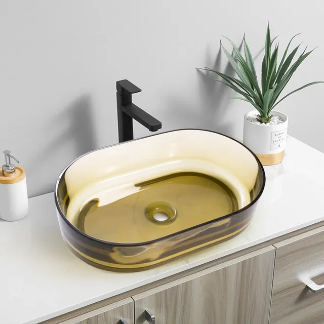 Vasque comptoir ovale verre translucide ambre perçage… – vue 4