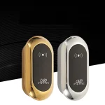 Serrure électronique RFID intégré compacte lecteur carte sans contact boîtier ovale finition chromée dorée argentée façade noire détecteur mince mural