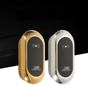 Serrure électronique RFID intégré compacte lecteur carte sans contact boîtier ovale finition chromée dorée argentée façade noire détecteur mince mural Serrure électronique RFID intégré compacte lecteur carte sans contact boîtier ovale finition chromée dorée argentée façade noire détecteur mince mural