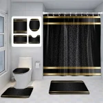 Ensemble de salle de bain de luxe noir et or – Rideau de douche élégant, tapis de bain antidérapants et housse de toilette, décor moderne (4 pièces)