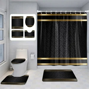 Ensemble de salle de bain de luxe noir et or – Rideau de douche élégant, tapis de bain antidérapants et housse de toilette, décor moderne (4 pièces) Ensemble de salle de bain de luxe noir et or – Rideau de douche élégant, tapis de bain antidérapants et housse de toilette, décor moderne (4 pièces)