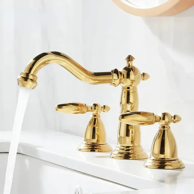 Robinet lavabo trois trous laiton doré poli mitigeur bec… – vue 2