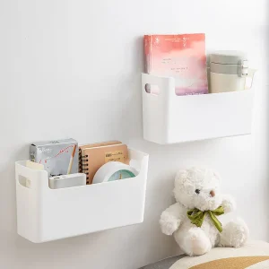 bac mural rangement plastique blanc mat rectangulaire bords arrondis poignées découpées design minimaliste fixation murale autonome compact durable