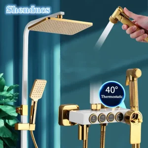 Ensemble de douche thermostatique HOShower, or blanc, pommeau de douche pluie, système chaud et froid, accessoires de maison, 12 po