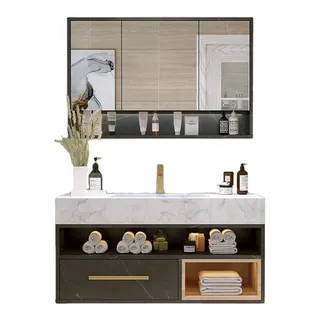 Vanité murale moderne PVC double vasque marbre blanc robinetterie…
