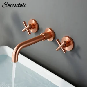 Robinet mural en laiton brossé à double poignée croisée, eau chaude et froide, robinet à encastrer dans le mur, 3 trous, maison, éviers, moderne, rose, or Robinet mural en laiton brossé à double poignée croisée, eau chaude et froide, robinet à encastrer dans le mur, 3 trous, maison, éviers, moderne, rose, or