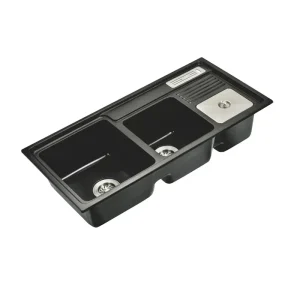 Welltrum porte-couteaux Double bol évier en granit noir lavabo en pierre de Quartz Double évier de cuisine noir avec panneau de vidange