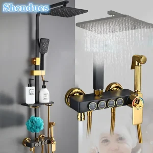 HOShower-Ensemble de pommeau de douche chaud et froid, pommeau de douche pluie, système thermostatique, laiton de qualité, noir et or, 12 po HOShower-Ensemble de pommeau de douche chaud et froid, pommeau de douche pluie, système thermostatique, laiton de qualité, noir et or, 12 po
