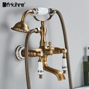Robinet de baignoire mural en laiton Antique, évier à double poignée avec douchette, salle de bains, ensemble de douche, mitigeur autoportant Robinet de baignoire mural en laiton Antique, évier à double poignée avec douchette, salle de bains, ensemble de douche, mitigeur autoportant
