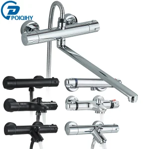 Mélangeur chromé avec thermostat, douche thermostatique murale, mélangeur thermostatique en laiton, salle de bain noire, douche thermostatique Mélangeur chromé avec thermostat, douche thermostatique murale, mélangeur thermostatique en laiton, salle de bain noire, douche thermostatique