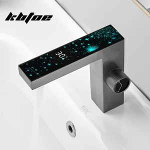 Robinet mitigeur intelligent gris pistolet, affichage numérique de la température, LED à couleur changeante, lumière ciel étoilé, robinet de lavabo de salle de bains de luxe