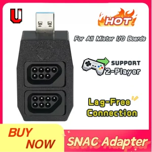 adaptateur SNAC MiSTer FPGA compatible NES manettes double port DE9 USB brancher faible latence boîtier compact noir texturé rétro multijoueur
