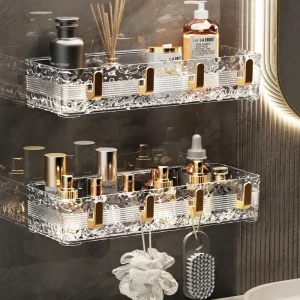 Support de rangement mural pour salle de bain, lavabo de toilette, aucun poinçonnage requis, support de rangement pour cosmétiques avec 4 crochets, support d&rsquo;angle