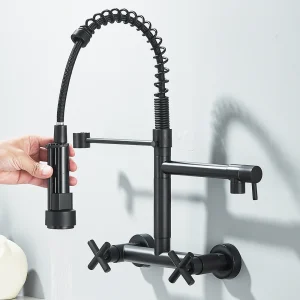 Robinet de cuisine mural en côtes vers le bas, eau chaude et froide, bec de printemps pour touristes, distance de 20cm pour deux trous