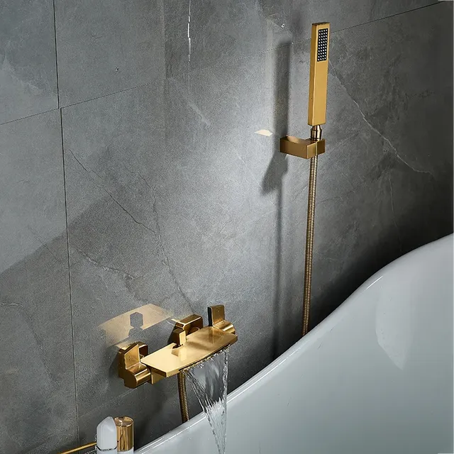 Ensemble bain douche mural doré brossé laiton gris… – vue 4