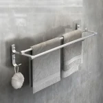Porte-serviettes mural pour salle de bain, support mural sans perceuse, barre à serviettes 40/50cm, Double barre en aluminium à 2 niveaux
