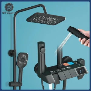 Robinets de salle de bain en laiton, ensemble de douche numérique, Piano noir, robinets de salle de bains intelligents, cascade chaude et froide, système de douche blanche Robinets de salle de bain en laiton, ensemble de douche numérique, Piano noir, robinets de salle de bains intelligents, cascade chaude et froide, système de douche blanche