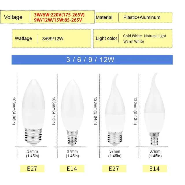 4 pièces 3W 6W 9W 12W 15W ampoule LED E14 E27 lampe à… – vue 2