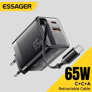 Chargeur GaN Essager 65W avec câble rétractable PD charge rapide pour ordinateur portable Macbook iPhone 16 15 14 chargeur de téléphone Xiaomi type-c