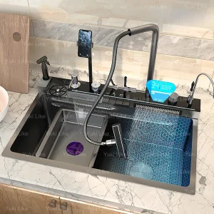 Évier de cuisine numérique en acier inoxydable, grande cascade rainurée, accent d&rsquo;abeille, ensemble d&rsquo;évier en relief