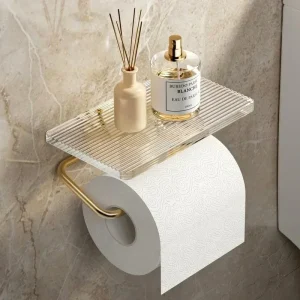 Porte-papier hygiénique doré de luxe avec étagère, sans poinçonnage, porte-rouleau de papier acrylique, cintre pour mouchoirs, accessoires de salle de bains