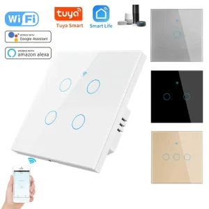 Commutateur WiFi intelligent interrupteur tactile ue, panneau en verre sans fil neutre à distance par Alexa Google Home, 1/2/3/4 gangs. Commutateur WiFi intelligent interrupteur tactile ue, panneau en verre sans fil neutre à distance par Alexa Google Home, 1/2/3/4 gangs.
