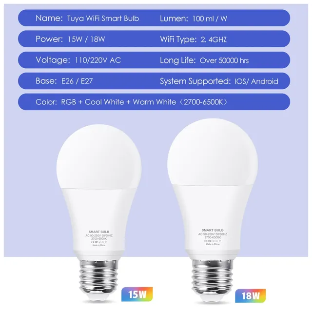 Ampoule intelligente WiFi 15W 18W E26 E27 – vue 3