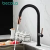 Robinet Mitigeur Cuisine Bec Haut Courbé Monotrou Corps Métallique Noir Mat Embout Extractible Cuivré Levier Latéral Contemporain Minimaliste Élégant