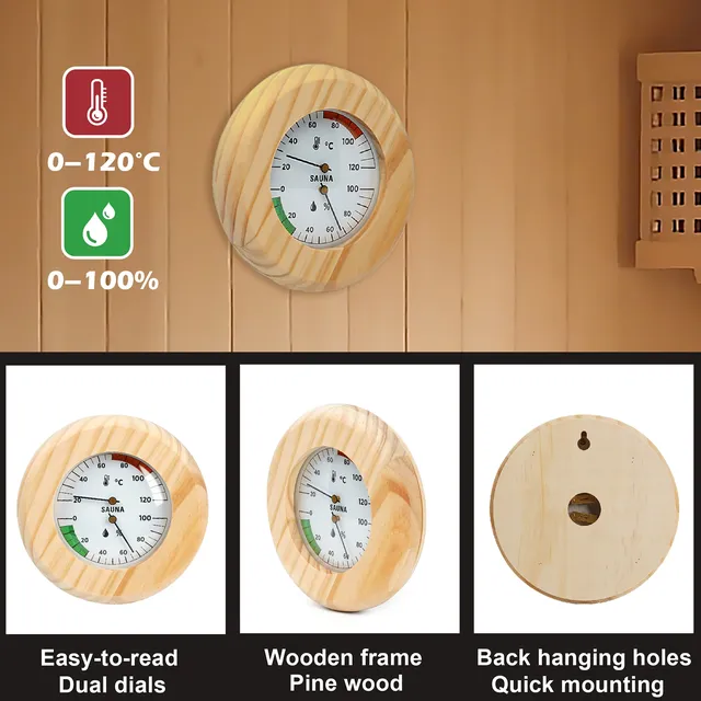 Thermomètre hygromètre sauna mural bois clair rond… – vue 2