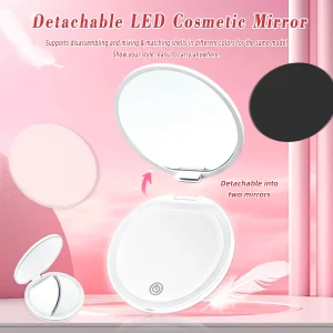 miroir LED détachable doubleface grossissant 2x 5x 20x compact portable poche rond plastique blanc tactile bouton interchangeable nomade