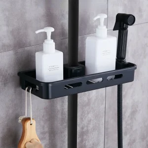 Étagère de douche noire à une couche avec pommeau de douche, colonne de rangement, shampoing, support rapide, T1