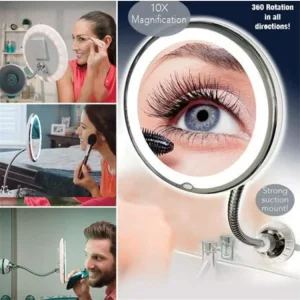 Miroir de maquillage éclairé par LED col de cygne 6.8 « 10x grossissant miroir de vanité de salle de bain avec ventouse