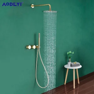 HOShower-Ensemble de système de bain chaud et froid, or brossé, robinet de centre commercial, inverseur en laiton, déterminer la tête de pluie, kit de bras de plafond HOShower-Ensemble de système de bain chaud et froid, or brossé, robinet de centre commercial, inverseur en laiton, déterminer la tête de pluie, kit de bras de plafond