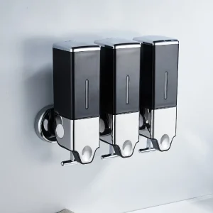 distributeur mural triple shampooing gel douche savon noir mat chromé plastique ABS résistant étanche poussoirs métalliques fenêtre indicatrice capacité 500ml distributeur mural triple shampooing gel douche savon noir mat chromé plastique ABS résistant étanche poussoirs métalliques fenêtre indicatrice capacité 500ml