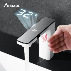 Robinet de salle de bains en laiton blanc intelligent, conception à induction, affichage de la température à lumière LED, 1 trou, poignée unique, robinet de lavabo froid et chaud Robinet de salle de bains en laiton blanc intelligent, conception à induction, affichage de la température à lumière LED, 1 trou, poignée unique, robinet de lavabo froid et chaud