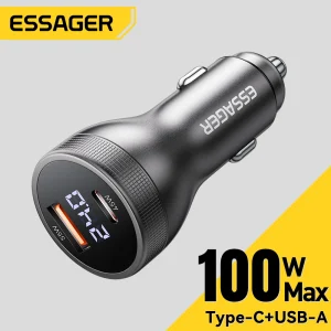 Essager 100W chargeur de voiture USB C Charge rapide PD 45W pour iPhone 15 pro 14 Xiaomi Poco Samsung Galaxy S24 chargeur rapide Charge Essager 100W chargeur de voiture USB C Charge rapide PD 45W pour iPhone 15 pro 14 Xiaomi Poco Samsung Galaxy S24 chargeur rapide Charge