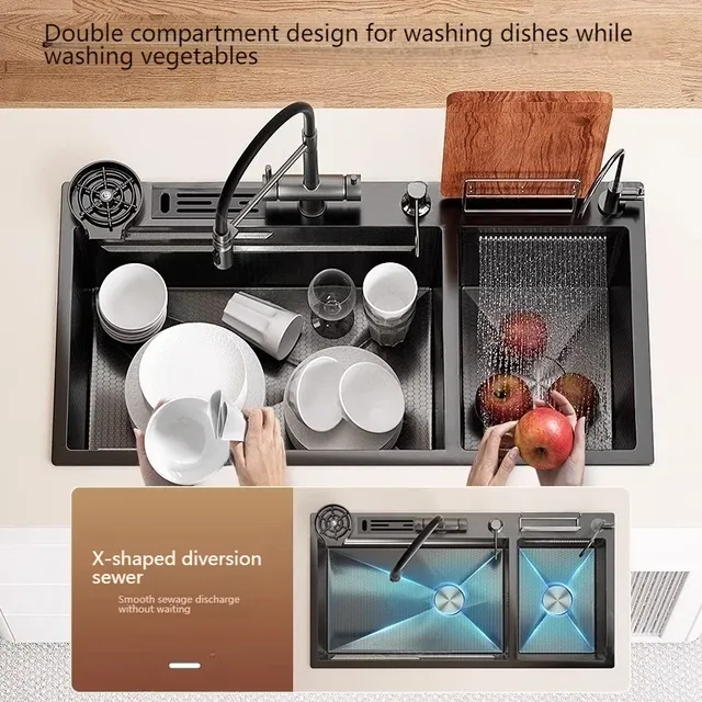 Évier de cuisine cascade en acier inoxydable – vue 2