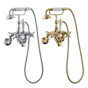 Plan de baignoire mural or/chrome, classique européen Plan de baignoire douche chaude et froide Plan Ensemble de robinets de baignoire de luxe de haute qualité